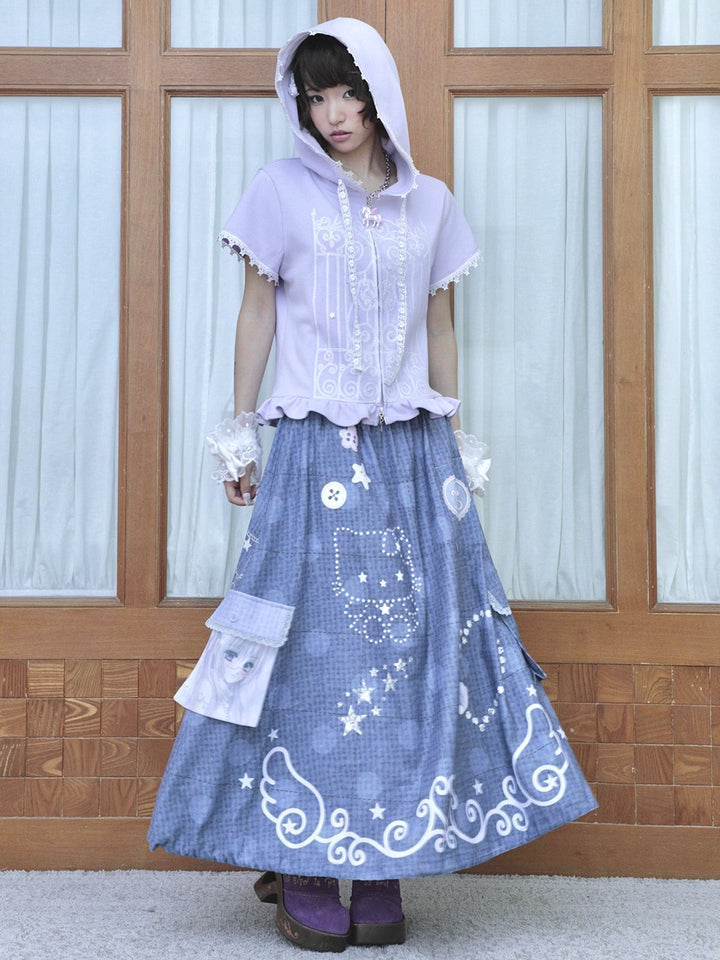 Lavender Lace Trim Short Sleeve Zip Hoodie
