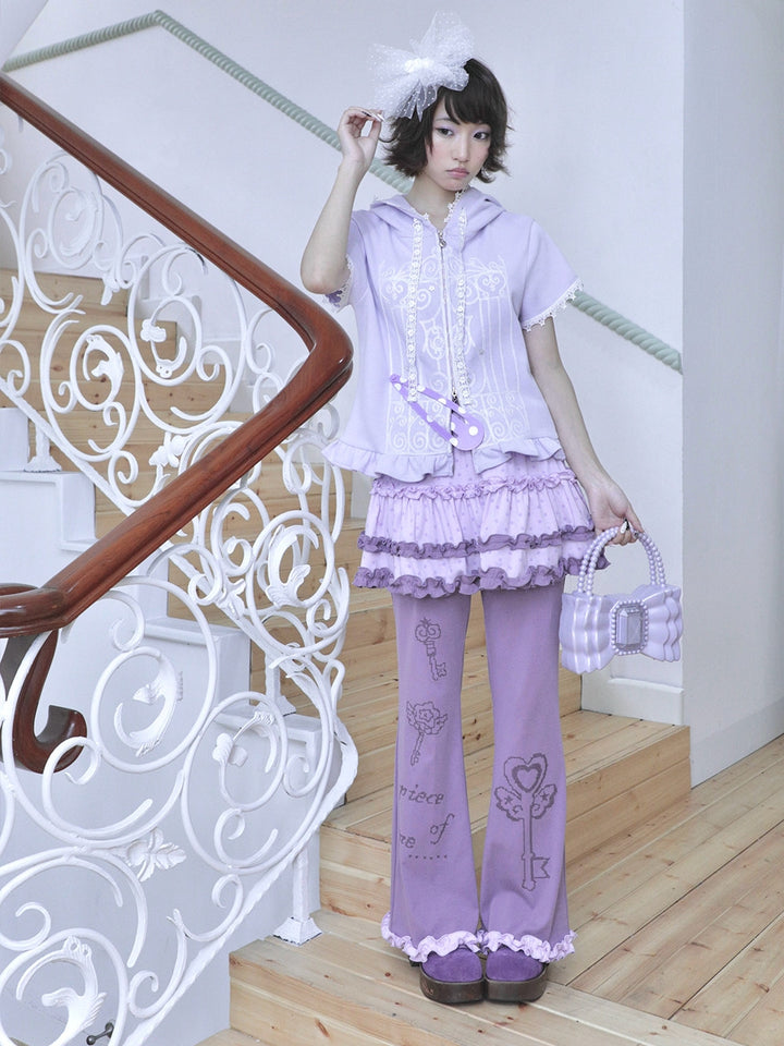 Lavender Lace Trim Short Sleeve Zip Hoodie