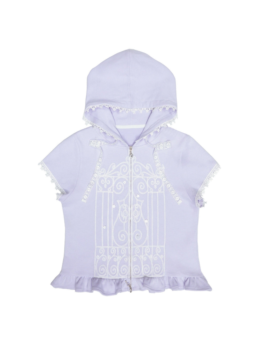 Lavender Lace Trim Short Sleeve Zip Hoodie