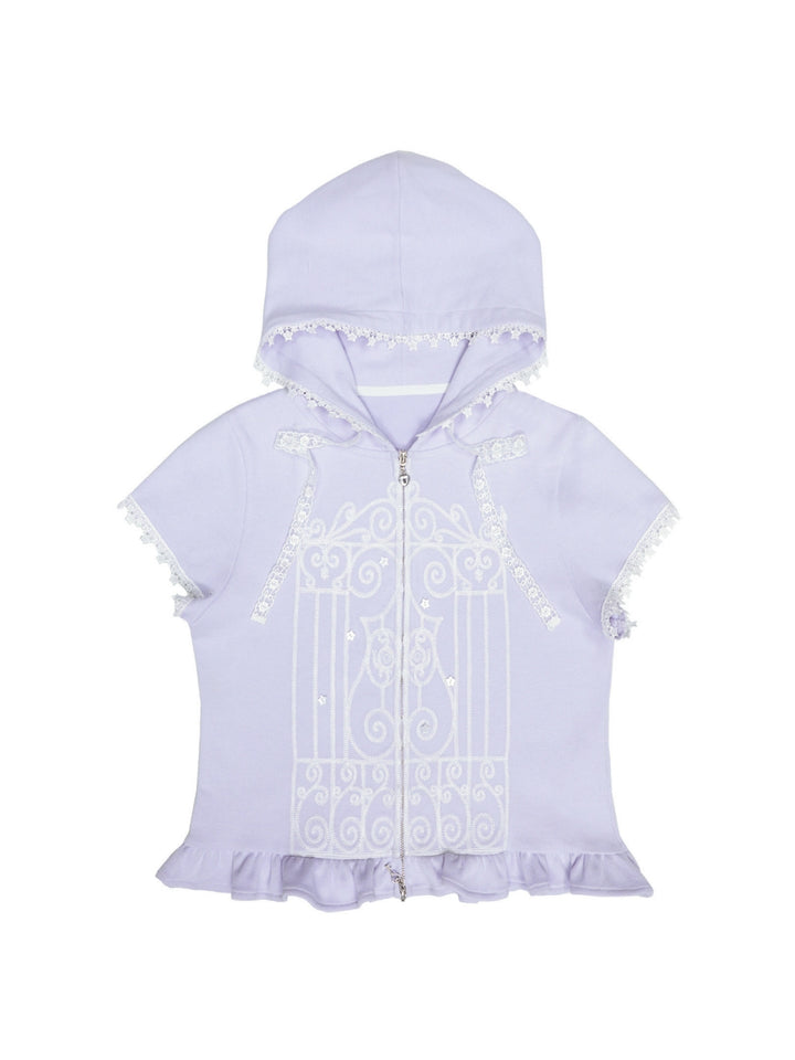Lavender Lace Trim Short Sleeve Zip Hoodie