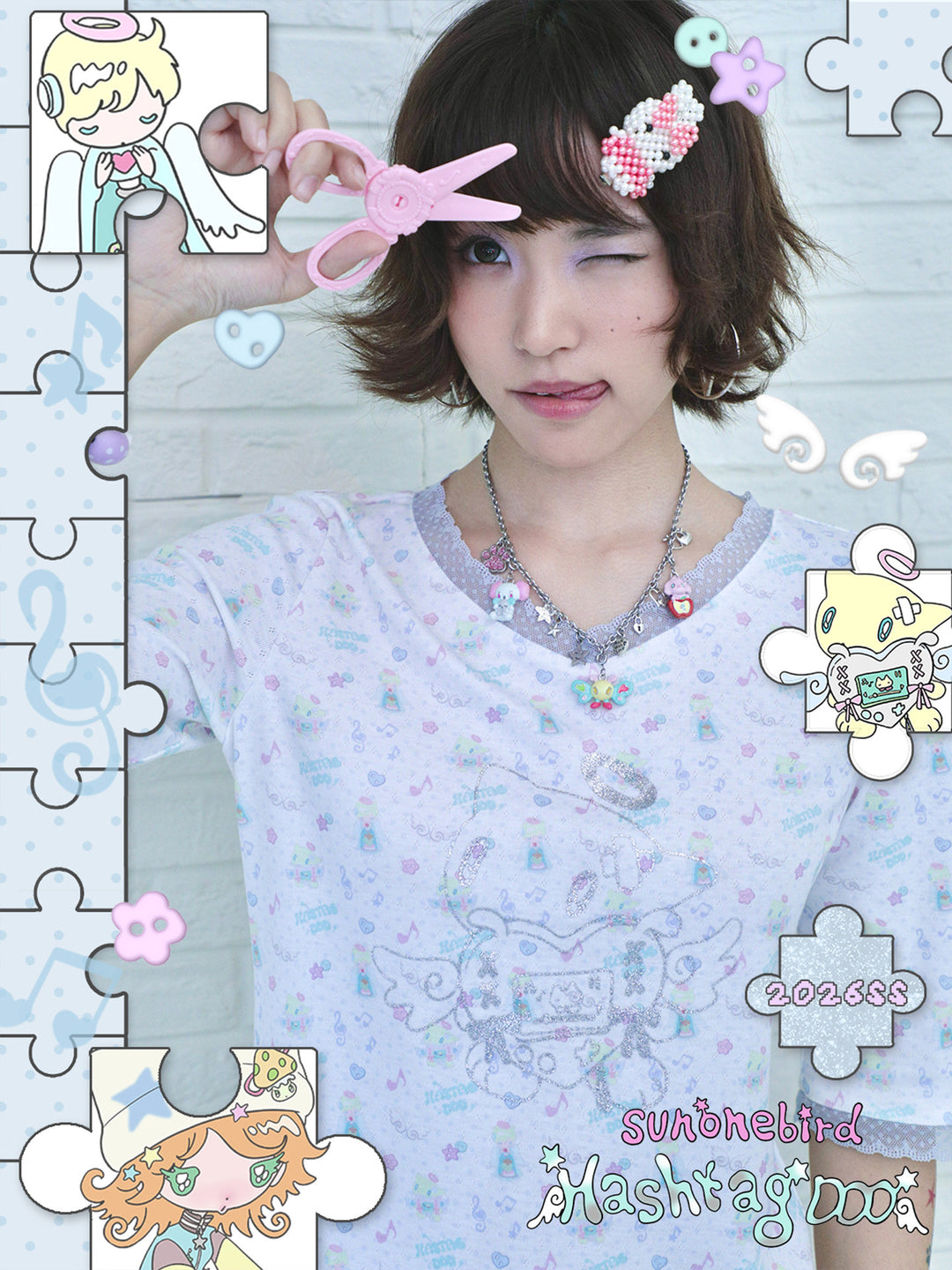 White Angel Cat Glitter V-Neck T-Shirt