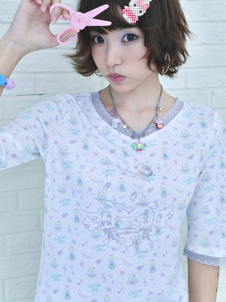 White Angel Cat Glitter V-Neck T-Shirt