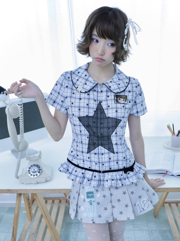 Winged Phone Patch Pleated Mini Skirt