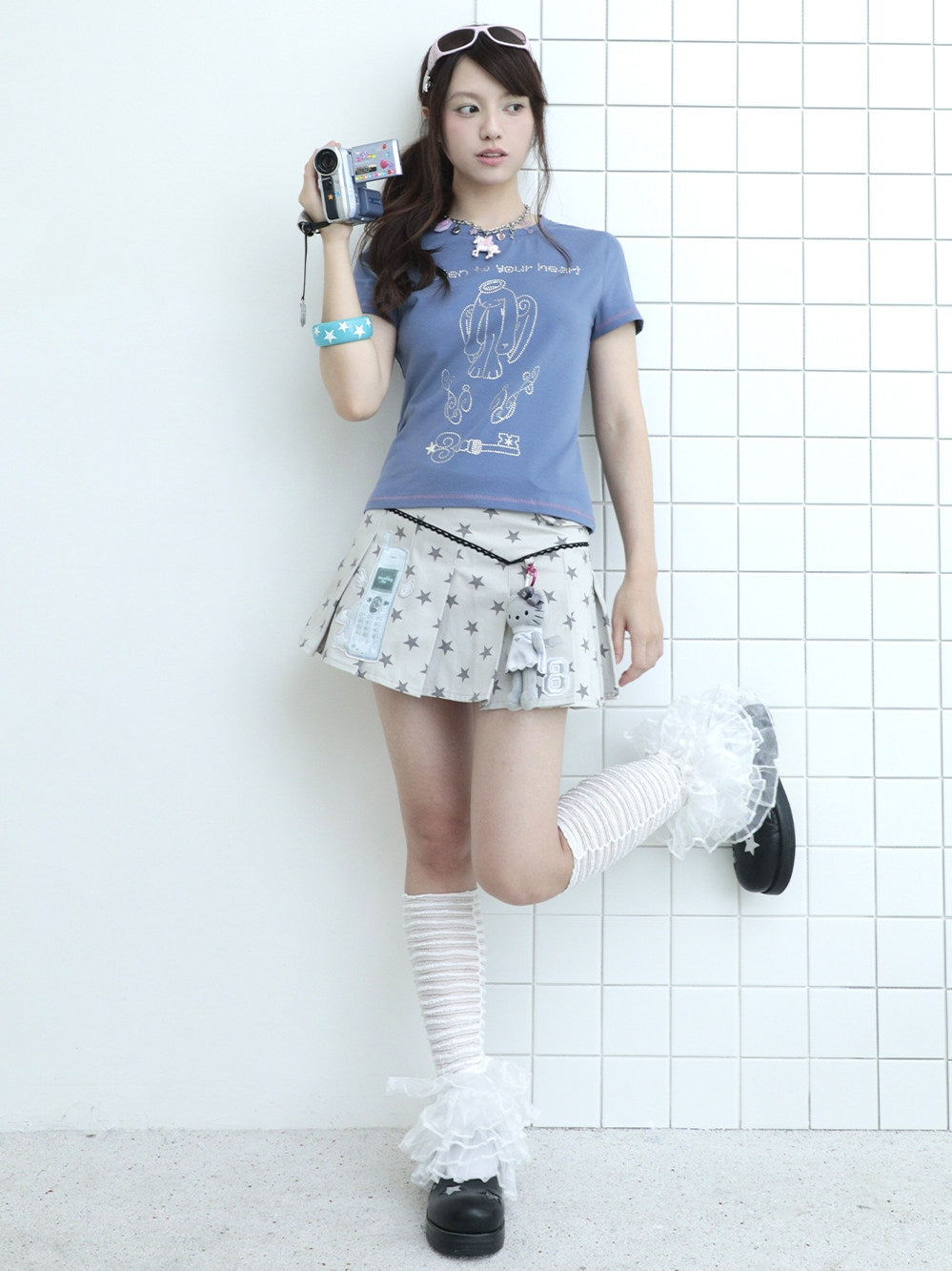 Winged Phone Patch Pleated Mini Skirt