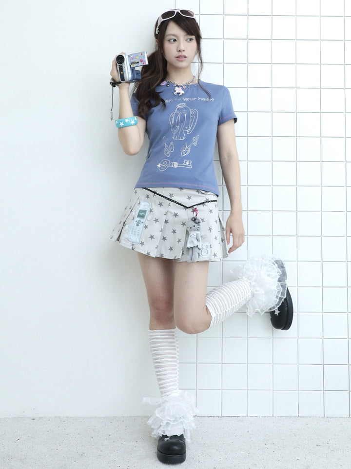 Winged Phone Patch Pleated Mini Skirt