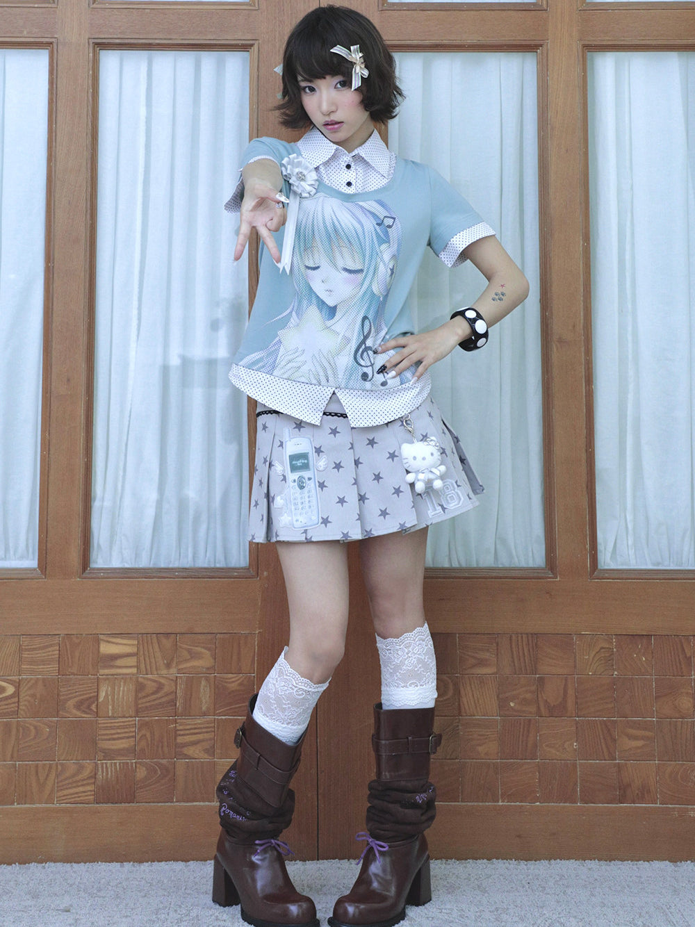 Winged Phone Patch Pleated Mini Skirt