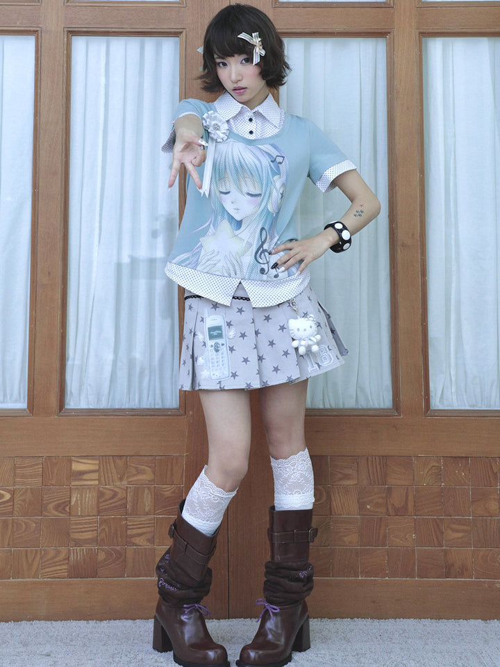 Winged Phone Patch Pleated Mini Skirt