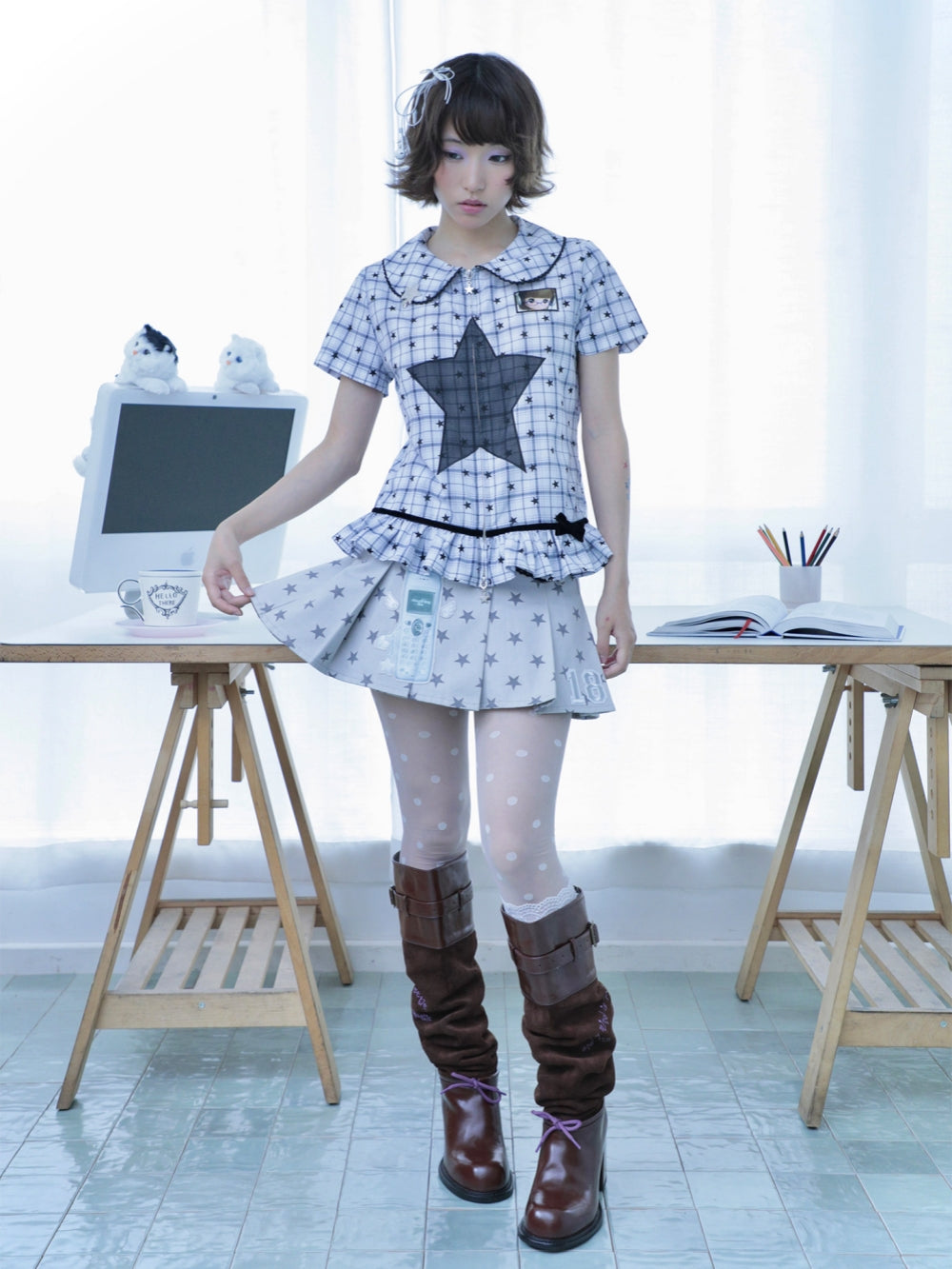 Sheer Star Panel Plaid Ruffle Blouse