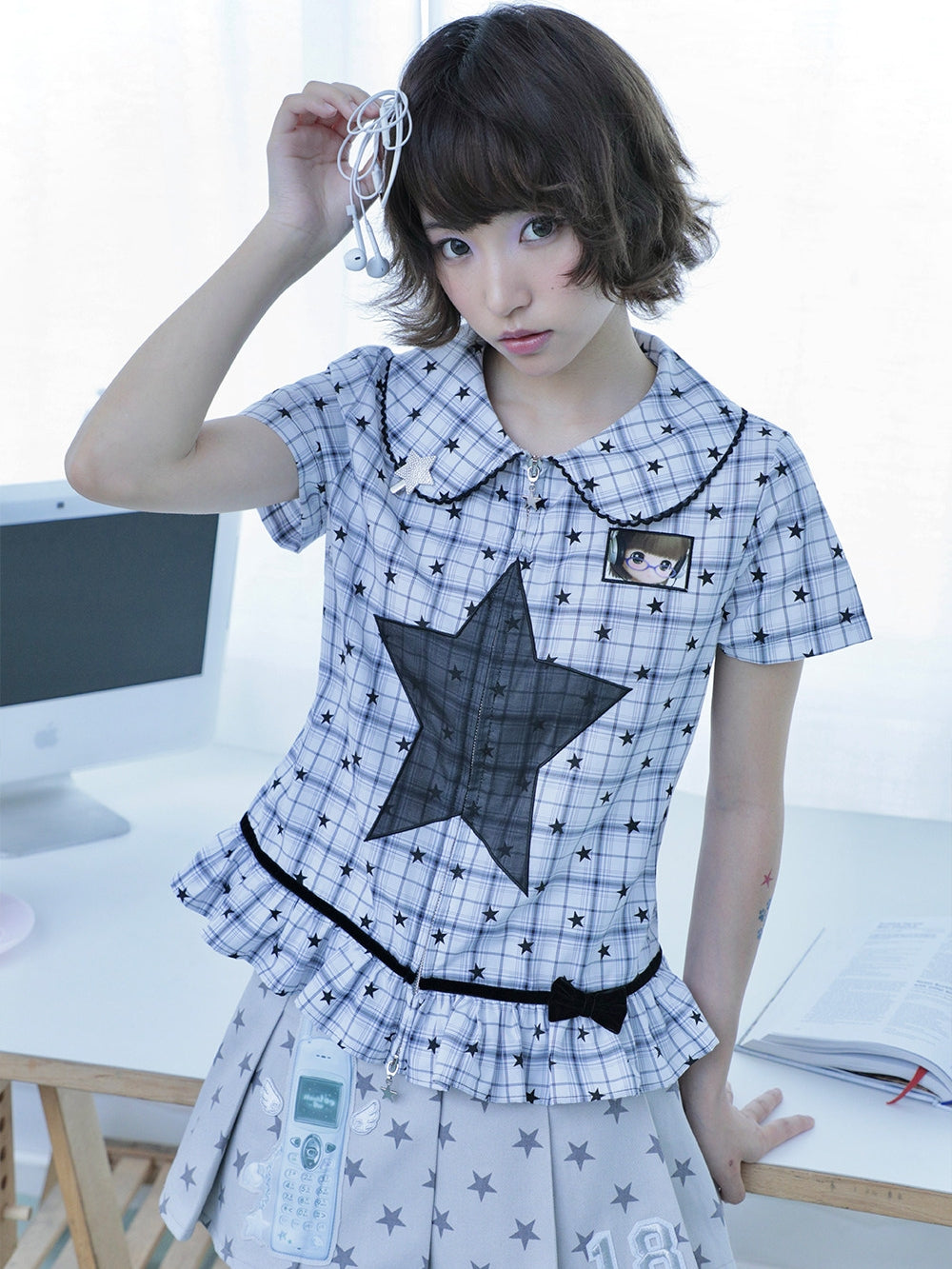 Sheer Star Panel Plaid Ruffle Blouse