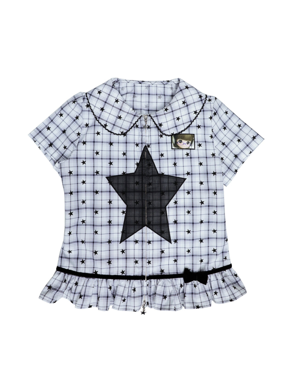 Sheer Star Panel Plaid Ruffle Blouse