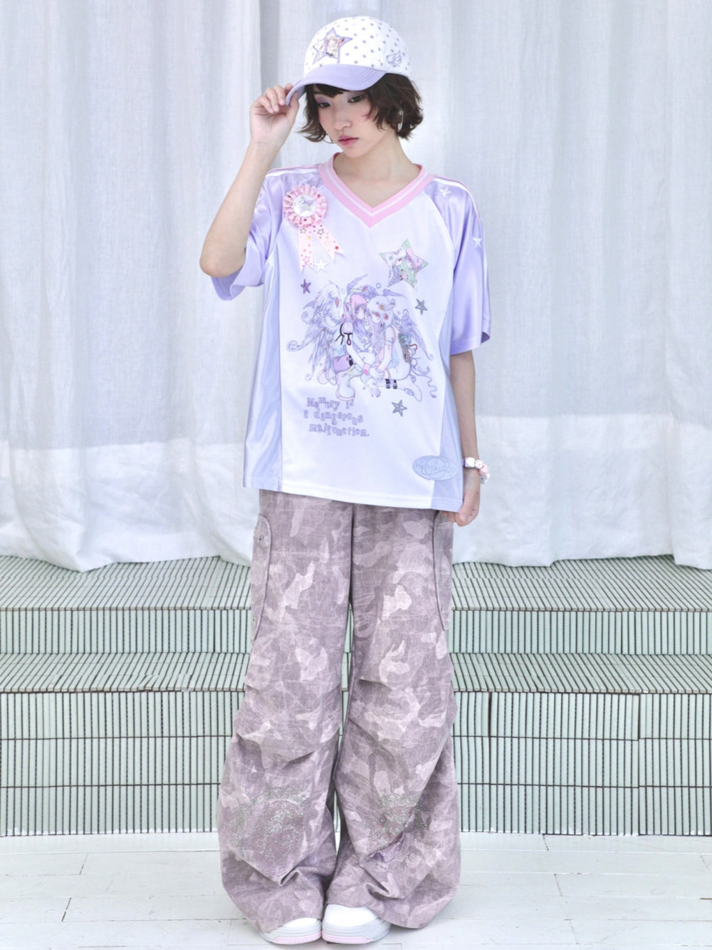 Star Anime Angel Graphic V-Neck Jersey Tee