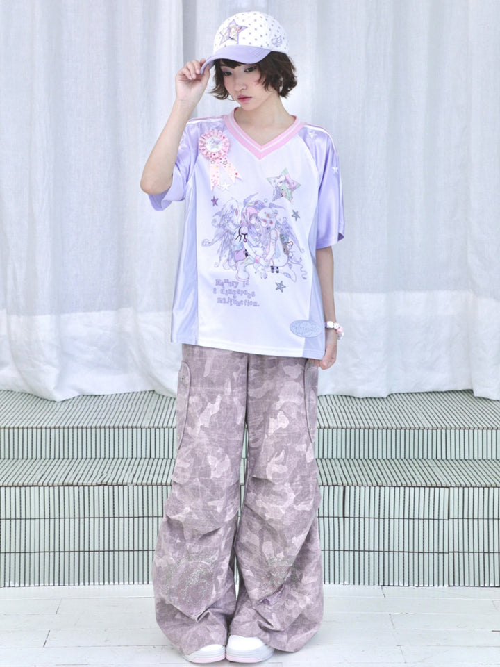 Star Anime Angel Graphic V-Neck Jersey Tee
