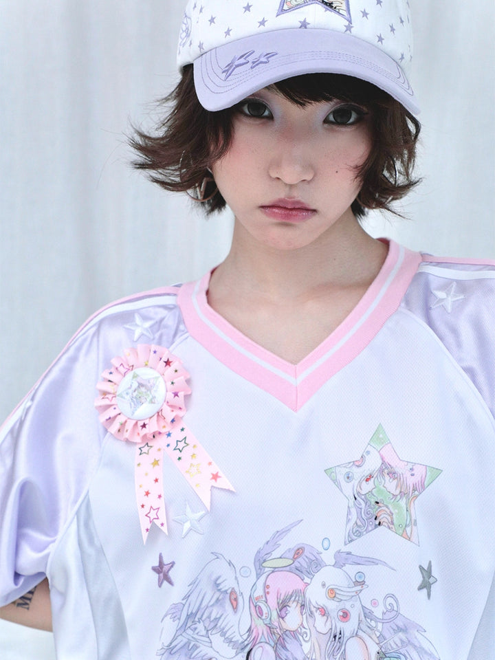 Star Anime Angel Graphic V-Neck Jersey Tee