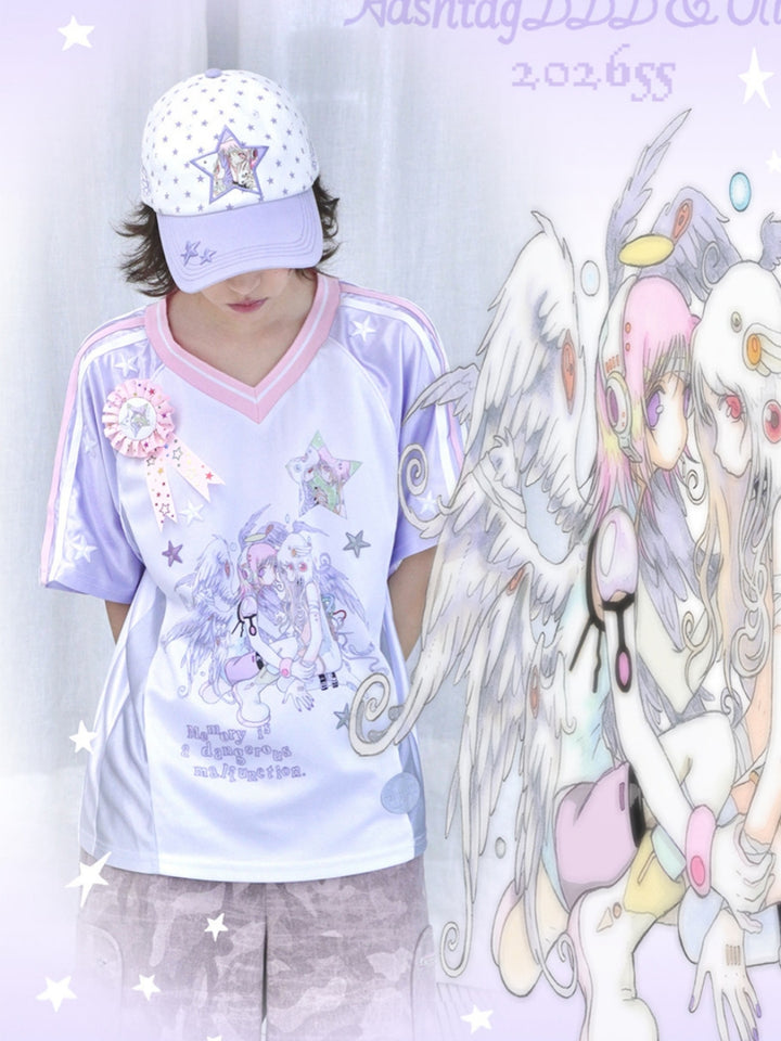 Star Anime Angel Graphic V-Neck Jersey Tee