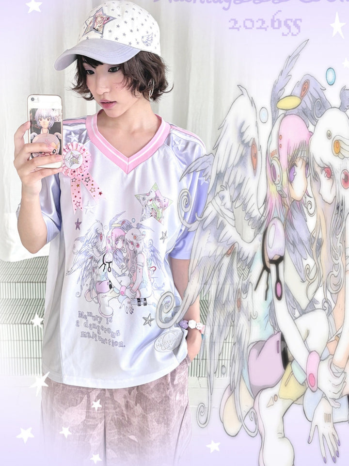 Star Anime Angel Graphic V-Neck Jersey Tee