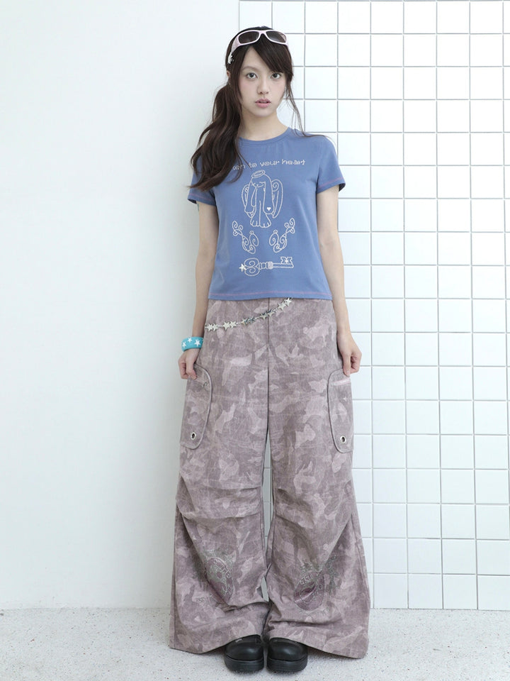 Pink Camo Eye Graphic Wide-Leg Cargo Pants