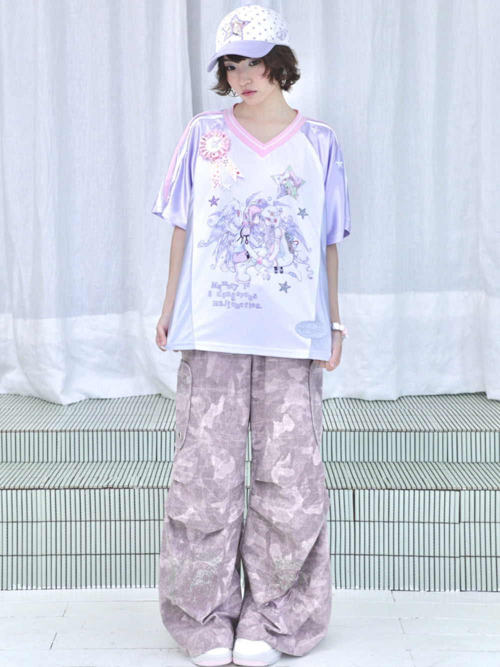 Pink Camo Eye Graphic Wide-Leg Cargo Pants