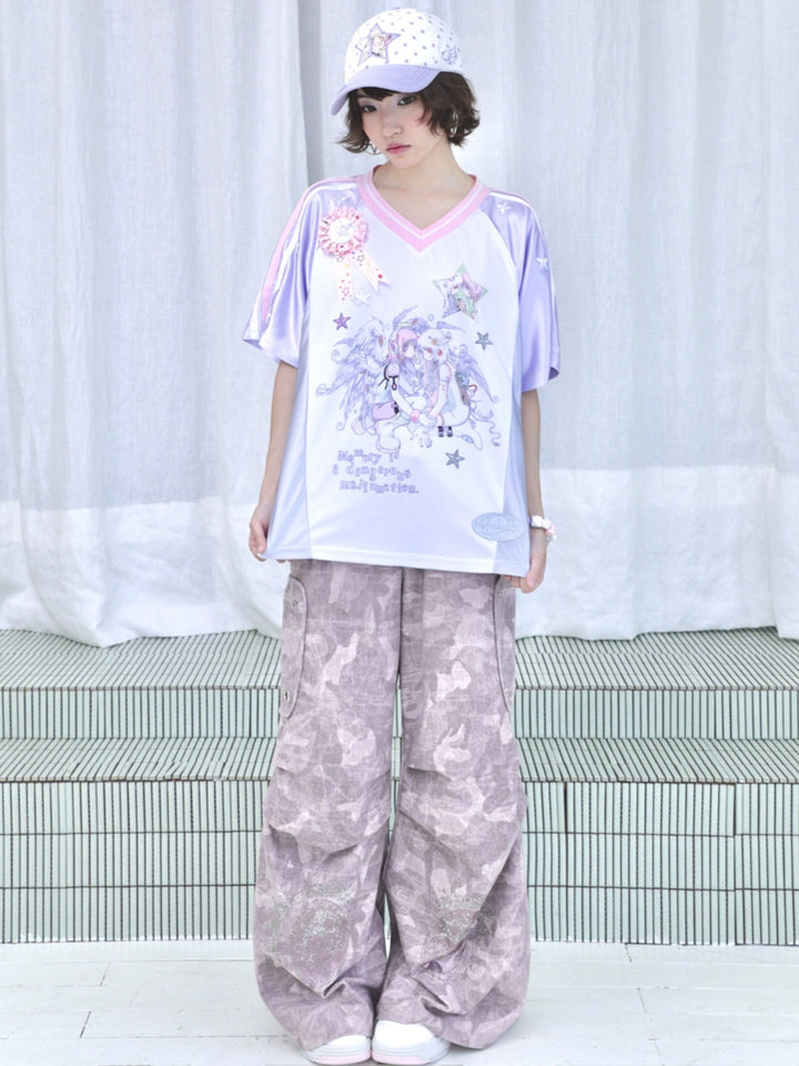 Pink Camo Eye Graphic Wide-Leg Cargo Pants
