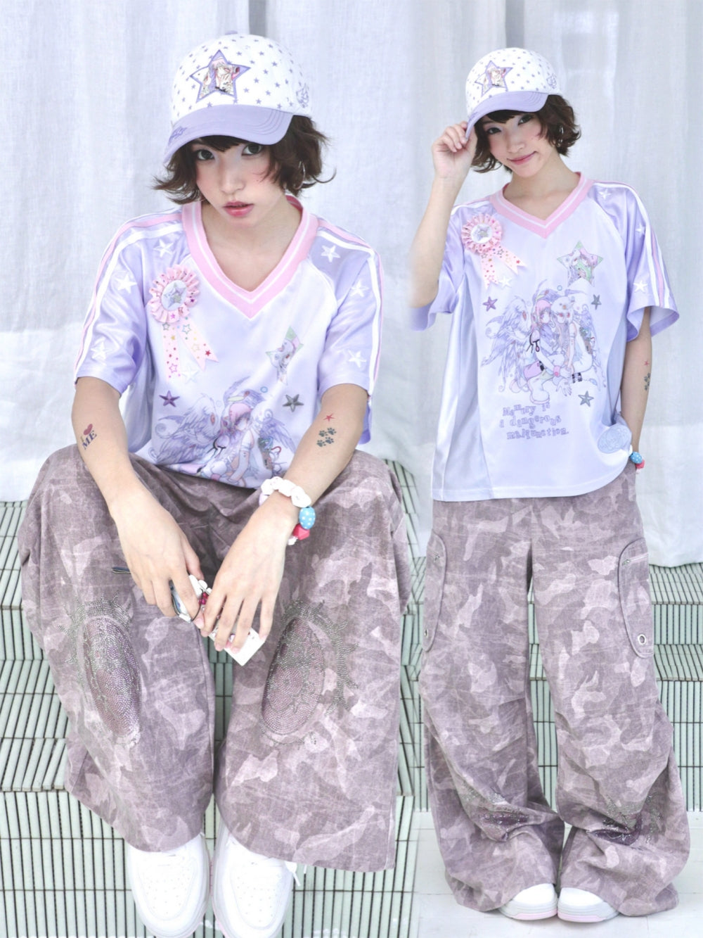 Pink Camo Eye Graphic Wide-Leg Cargo Pants