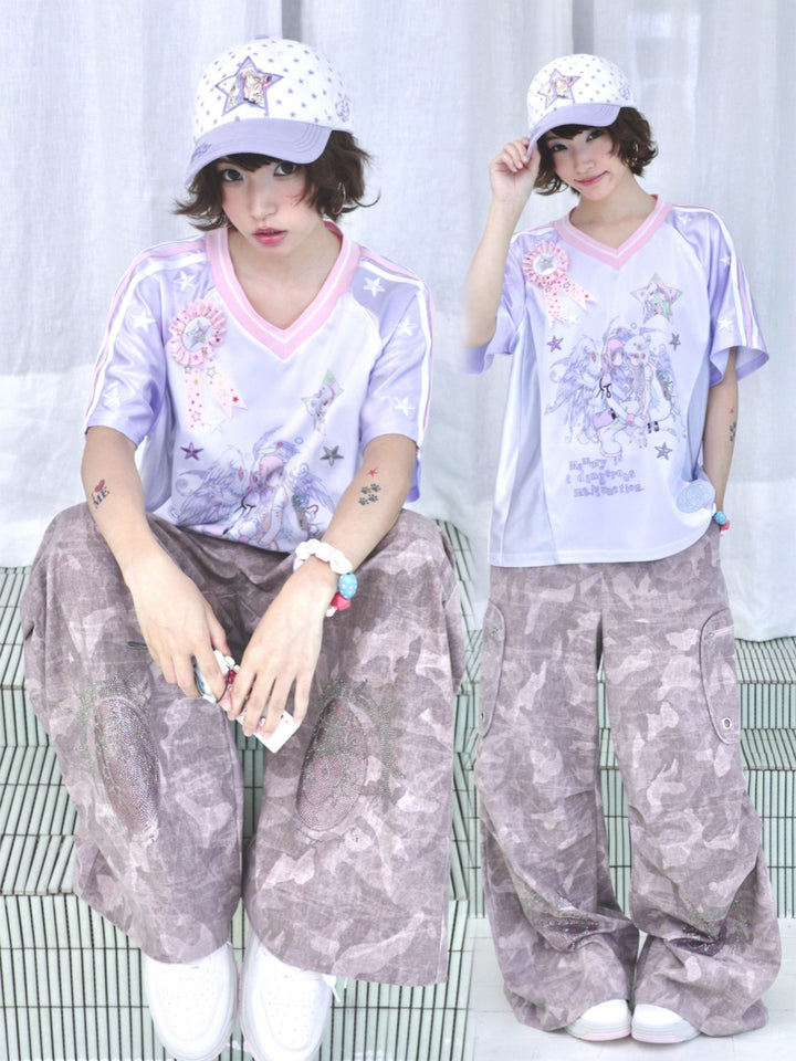 Pink Camo Eye Graphic Wide-Leg Cargo Pants
