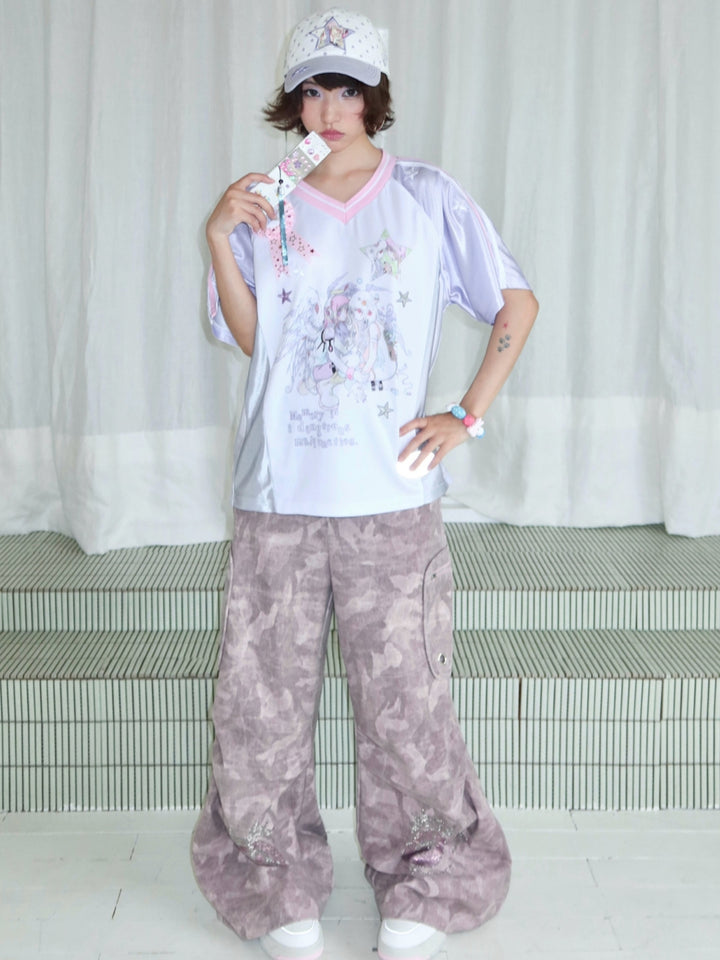 Pink Camo Eye Graphic Wide-Leg Cargo Pants