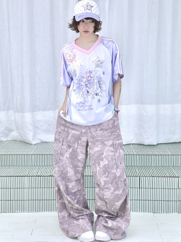 Pink Camo Eye Graphic Wide-Leg Cargo Pants