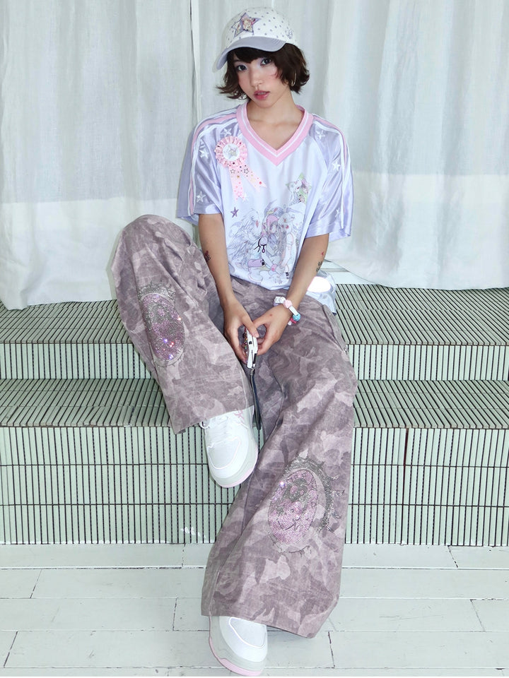 Pink Camo Eye Graphic Wide-Leg Cargo Pants