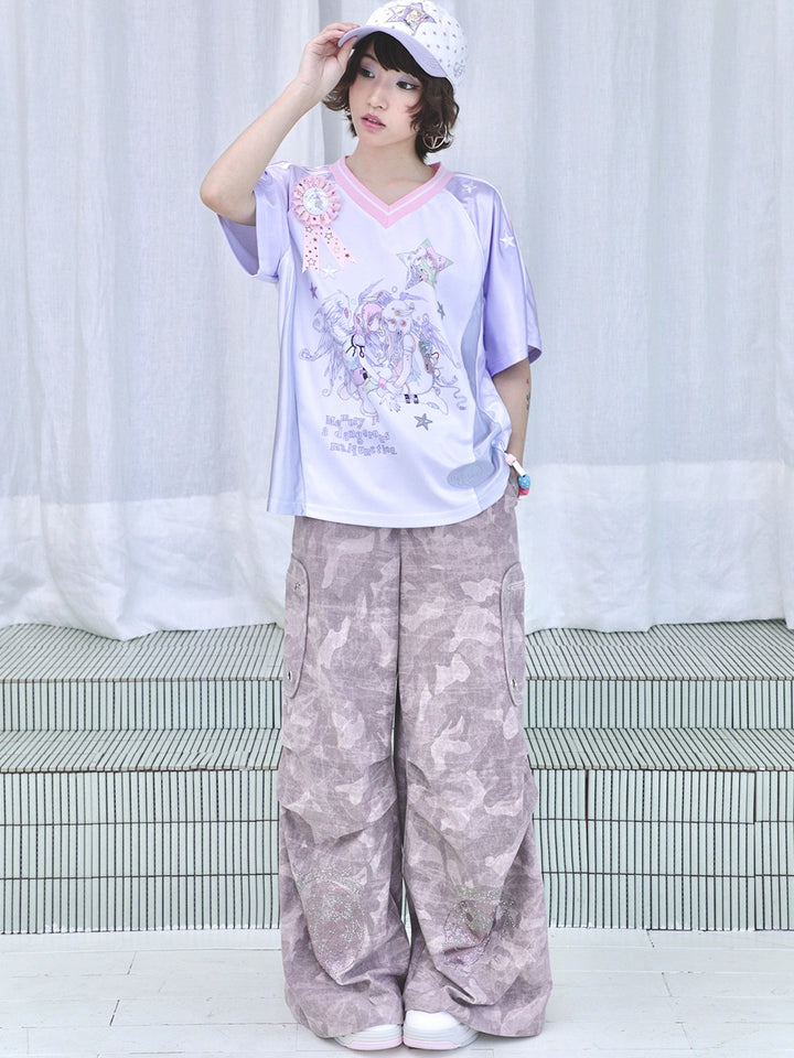 Pink Camo Eye Graphic Wide-Leg Cargo Pants