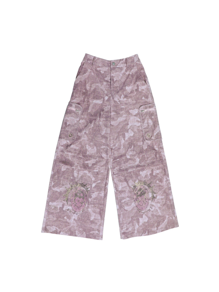 Pink Camo Eye Graphic Wide-Leg Cargo Pants