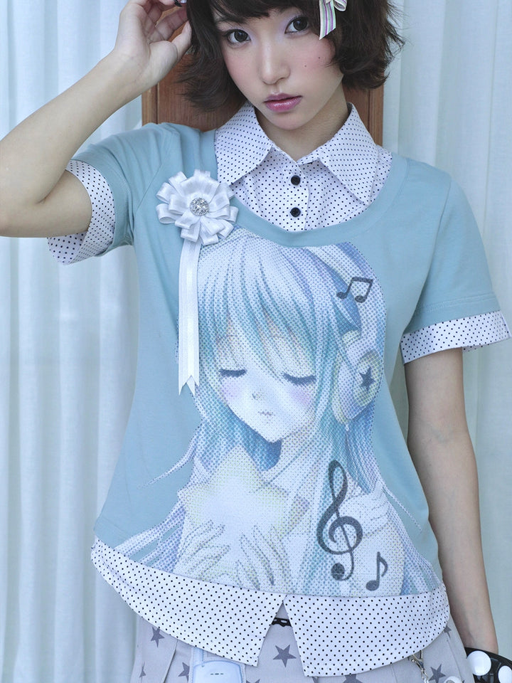 Music Girl Faux-Layer Collared Tee