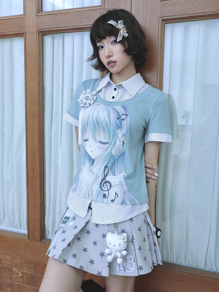 Music Girl Faux-Layer Collared Tee