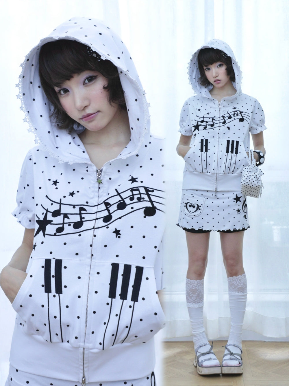 Music Note Polka Dot Short Sleeve Zip Hoodie