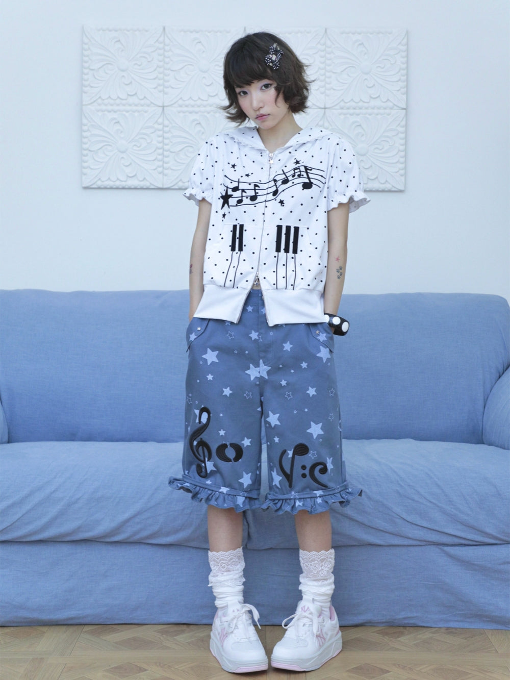 Music Note Polka Dot Short Sleeve Zip Hoodie