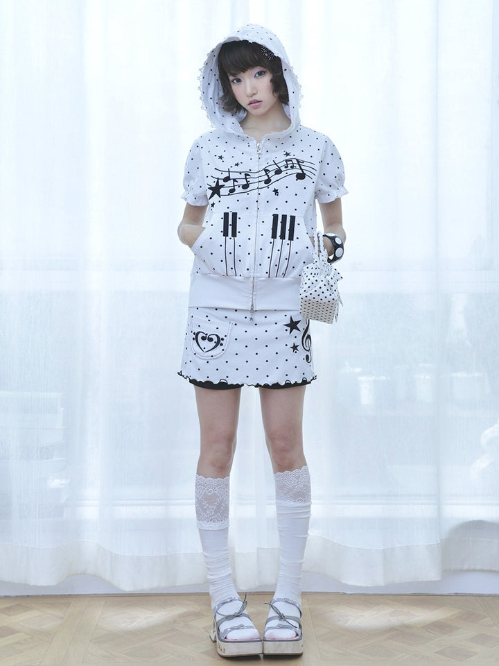 Music Note Polka Dot Short Sleeve Zip Hoodie