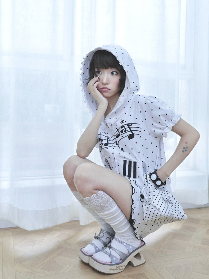 Music Note Polka Dot Short Sleeve Zip Hoodie