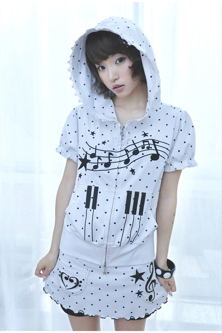 Music Note Polka Dot Short Sleeve Zip Hoodie