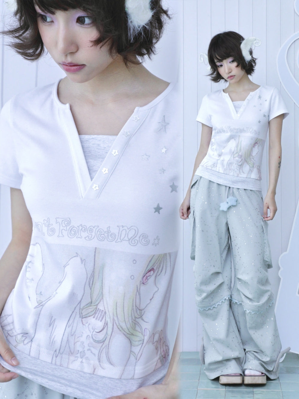 Angel Sketch Faux-Layered Short Sleeve Tee