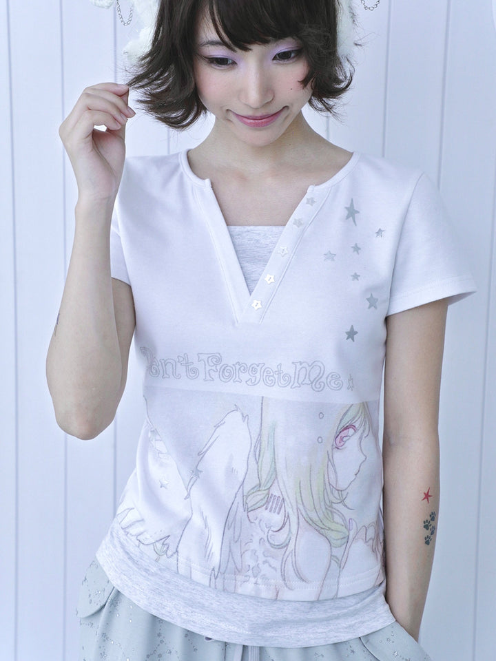 Angel Sketch Faux-Layered Short Sleeve Tee