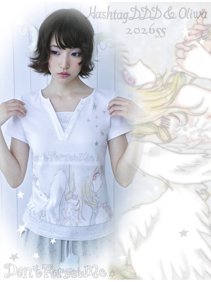 Angel Sketch Faux-Layered Short Sleeve Tee