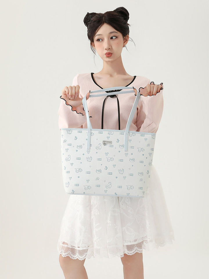 Cute Cat Print Faux Leather Tote Bag