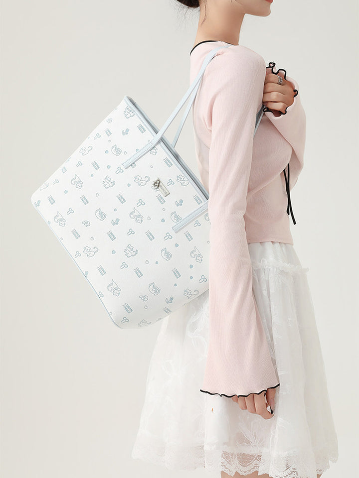 Cute Cat Print Faux Leather Tote Bag