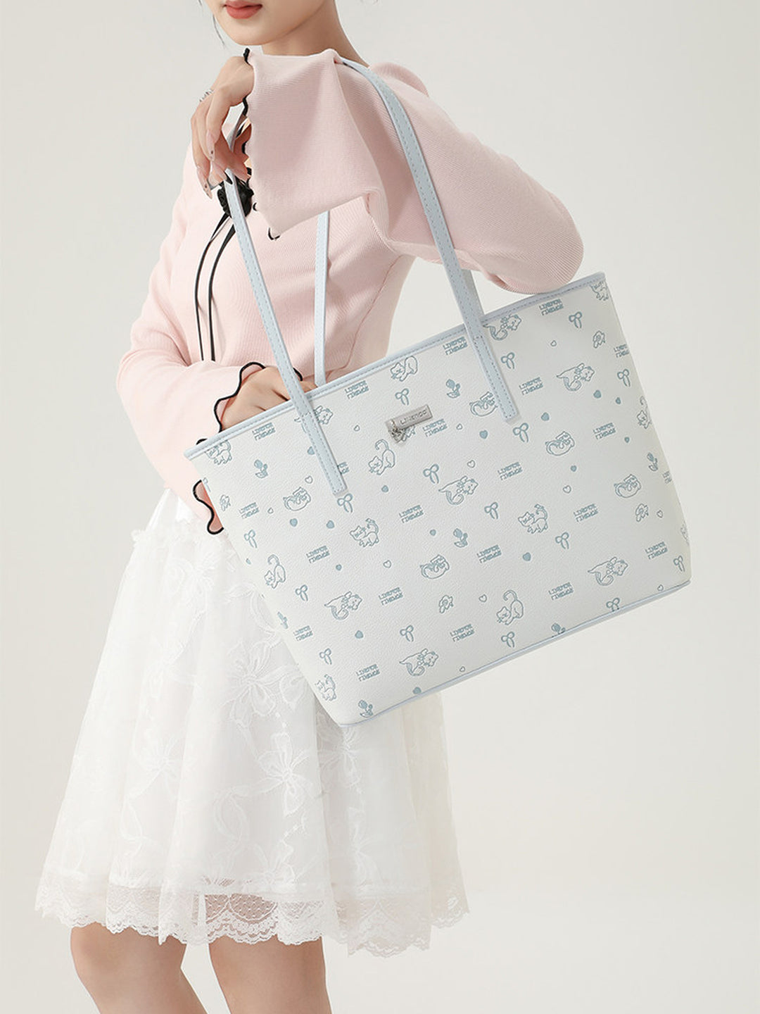 Cute Cat Print Faux Leather Tote Bag