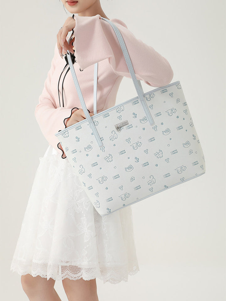 Cute Cat Print Faux Leather Tote Bag