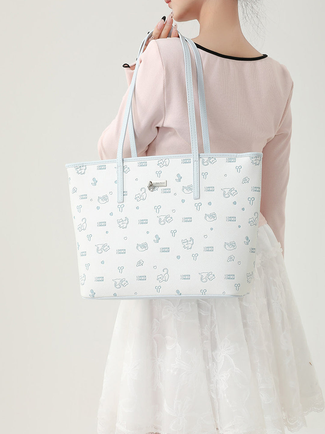 Cute Cat Print Faux Leather Tote Bag