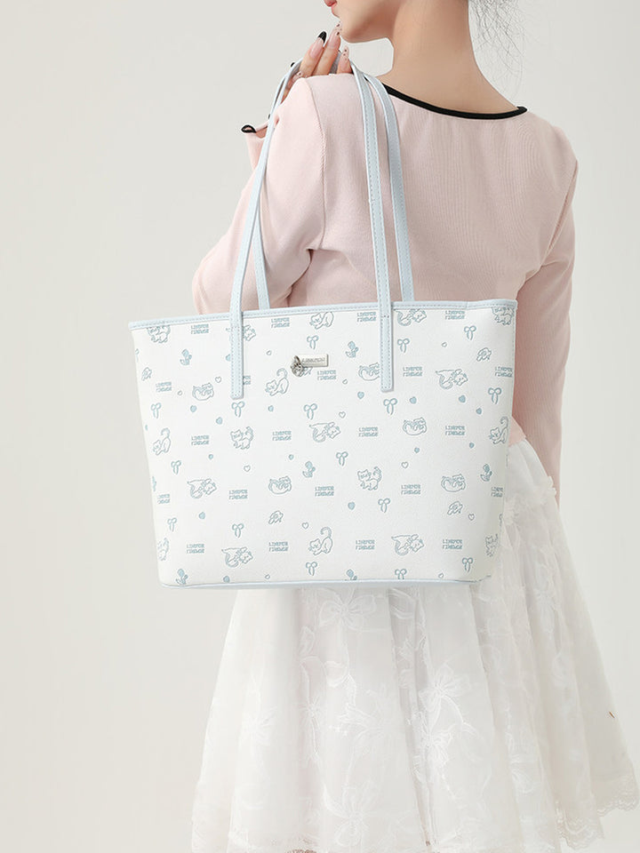Cute Cat Print Faux Leather Tote Bag