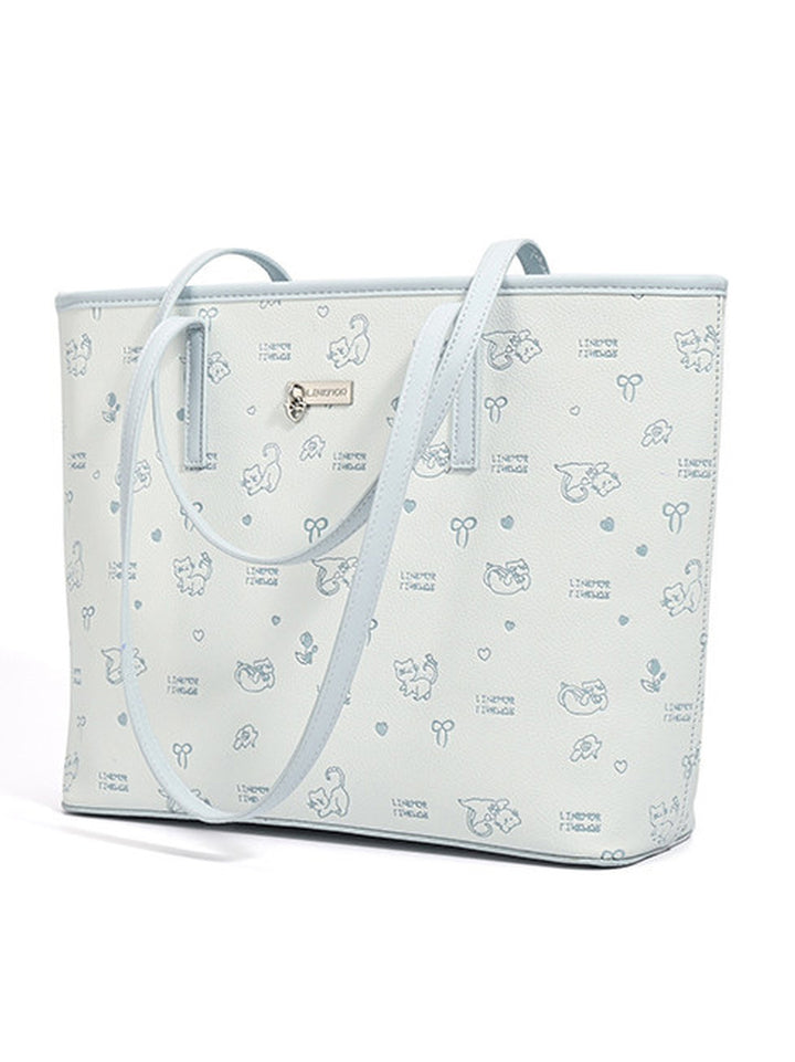 Cute Cat Print Faux Leather Tote Bag