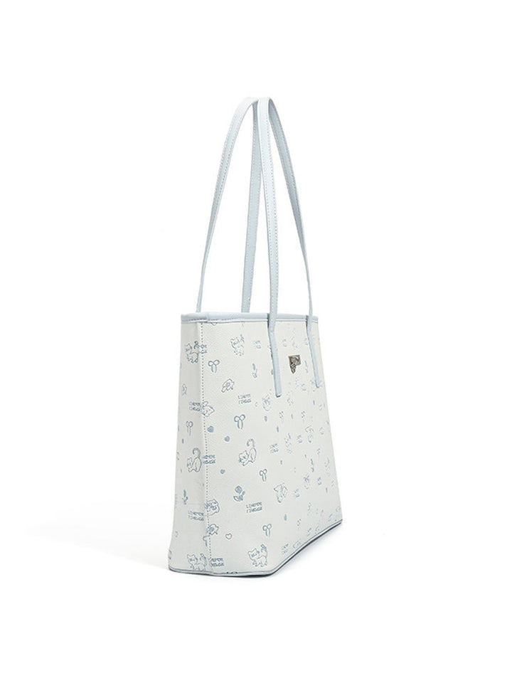 Cute Cat Print Faux Leather Tote Bag