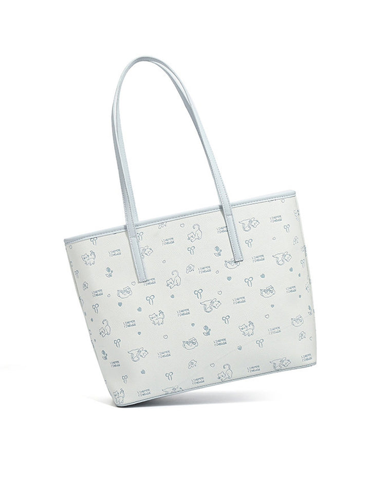 Cute Cat Print Faux Leather Tote Bag