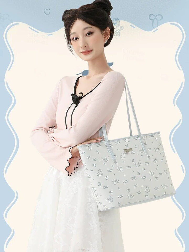 Cute Cat Print Faux Leather Tote Bag