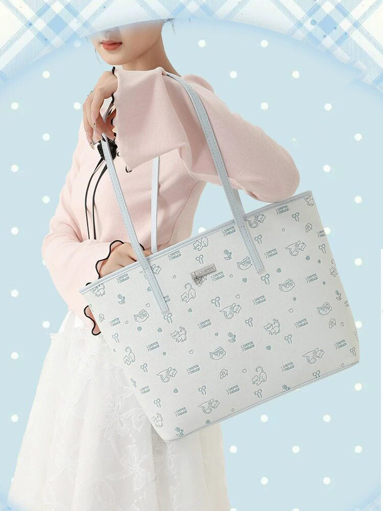 Cute Cat Print Faux Leather Tote Bag